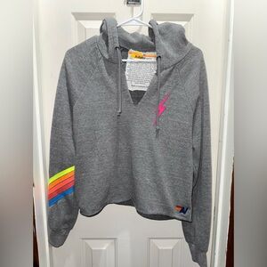 Aviator Nation Gray Cowl Neck Sweater with Rainbow Accents